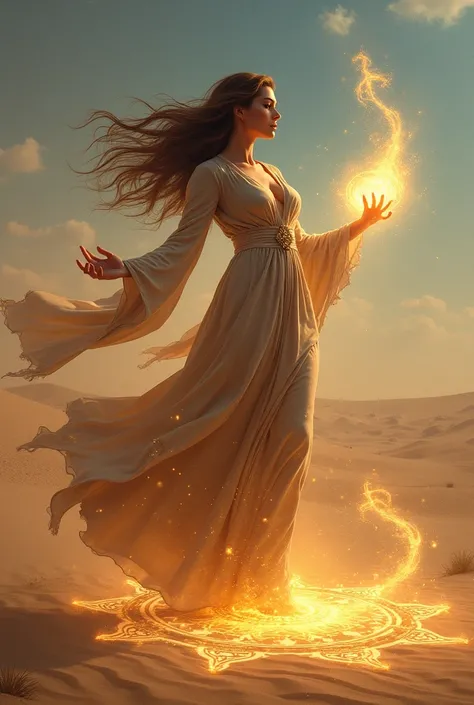 A beautiful woman with brown hair and big breasts, Witch of the desert, drawing magical symbols in the air with gold letters. On the floor you write symbols with gold