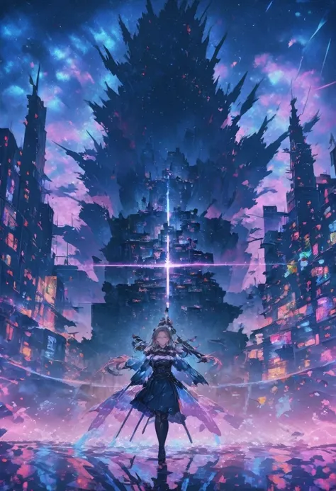 Anime Style, A woman, holding a tarot card and smiling smugly, whole body, beautiful night, neon night city, cityscape, night city, beautiful lights, intricate background, masterpiece, super detailed, epic composition, ultra HD, high quality, extremely det...