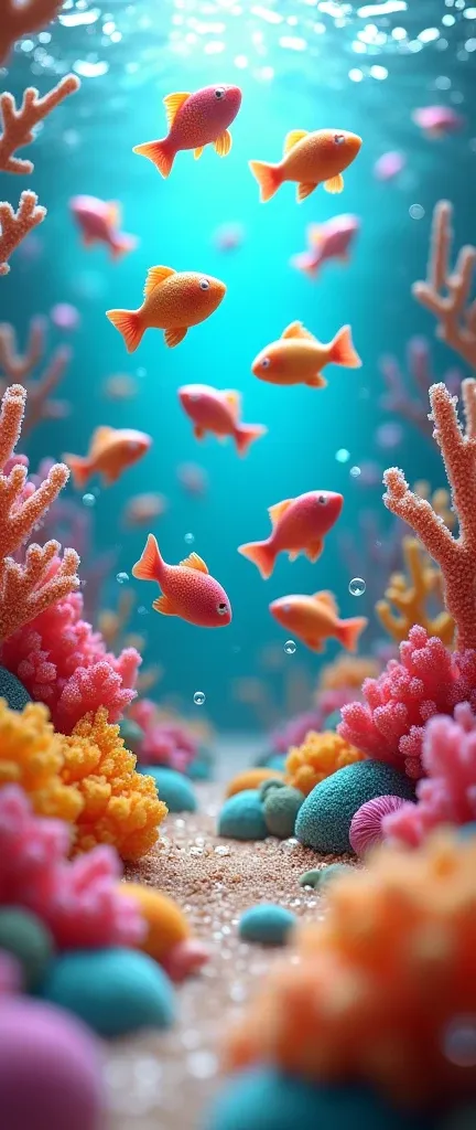 (masterpiece:1.2,Best Quality,Ultra-high resolution,Super detailed,Best illustrations),(Countless tropical fish made from colorful gradient candies swim in the cider ocean.:2.0),(A coral reef made up of colorful gummies, crispy chocolates, Pocky and chocol...