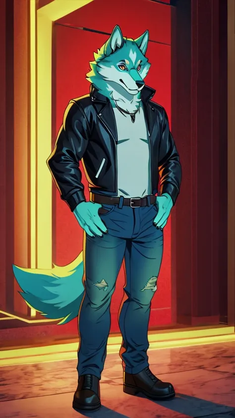 wolf, male, turquoise fur, fur on hands, detailed eyes, standing, hand on hip, leather jacket, jeans