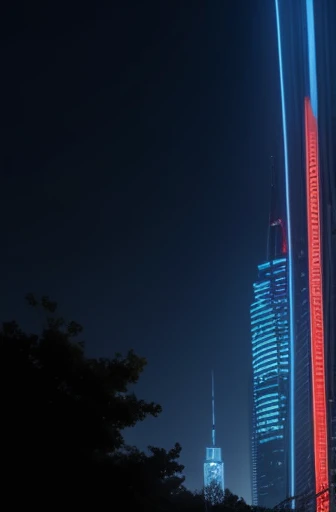 Abandoned building with many huge futuristic buildings with flashing red lights on a blue background、(((Draw at close range)))、Abandoned mechs live in an abandoned futuristic city.、The tower has been remodeled and rebuilt by the robots, and there is no tra...