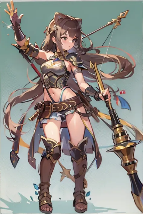 (((female archer)))、(((wears a small amount of leather armor)))、(((belly button)))、holding up a magic wand、 best quality, master...