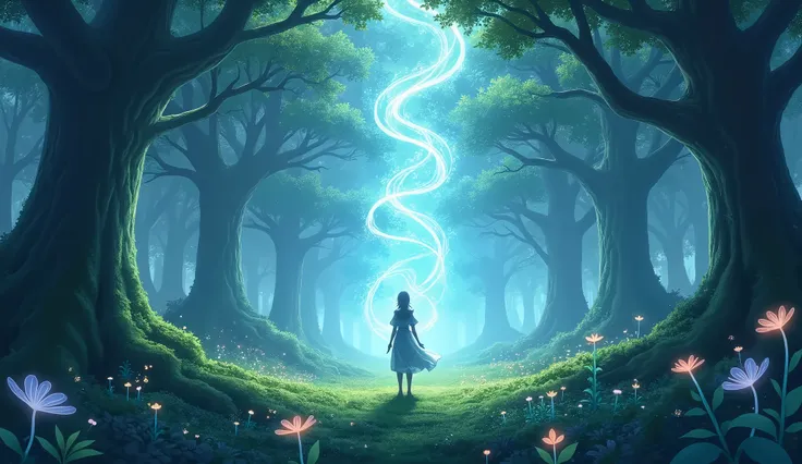 Imagem anime create a mystical landscape with an Enchanted forest.