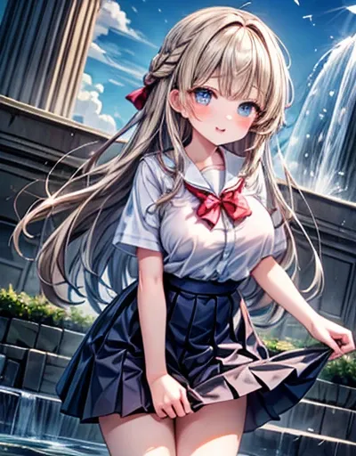 (masterpiece, top quality), girl, long hair, princess cut, braid, light brown hair, happy, large_breasts, blue eyes, red_bow, school_uniform, short_sleeves, blue_skirt, bare_legs, blue_sky, fountain, front view, insight, chest squeeze, light in the pupil