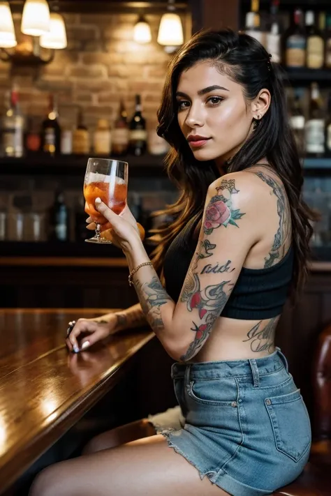 a woman with tattoos sitting at a bar with a drink in her hand and a cigarette in her other hand, Aramenta Dianthe Vail, tattoos, a tattoo, arabesque