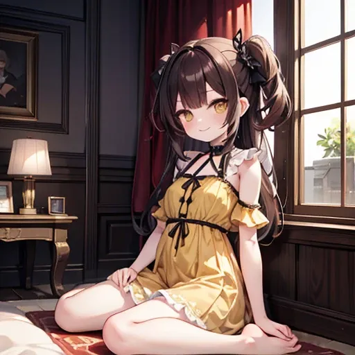 prompt: 8K resolution, delicate features, , single, unique pupil, arrogant, a teasing smile, semi-long, brown hair, ((Light yellow dress)), By the window, gothic style, barefoot, sitting, folded hands, facing the viewer, Otaku Room, Female imps,大きい胸