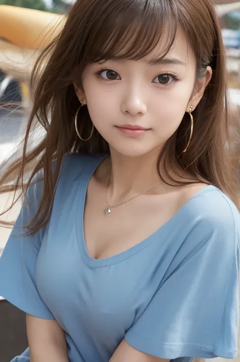 (((masterpiece))), ((photo realistic:1.3)), Japanese girl ,(Small breasts:1.3), thin eyebrows, (broad jawline,puffy face), no make up , light brown hair, long hair, (messy hair), earrings, necklace, (tearful face, troubled face, shy smile, ),wink  (navy pl...