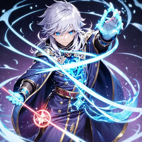 Elemental Magician、Draw a powerful magic square、A magic square is laid out on the ground、He wraps his whole body in another flame magic and creates a defensive barrier.、The magician is chanting、Silver Hair、Long Hair、Silver bracelet on left hand、Scarlet Rob...