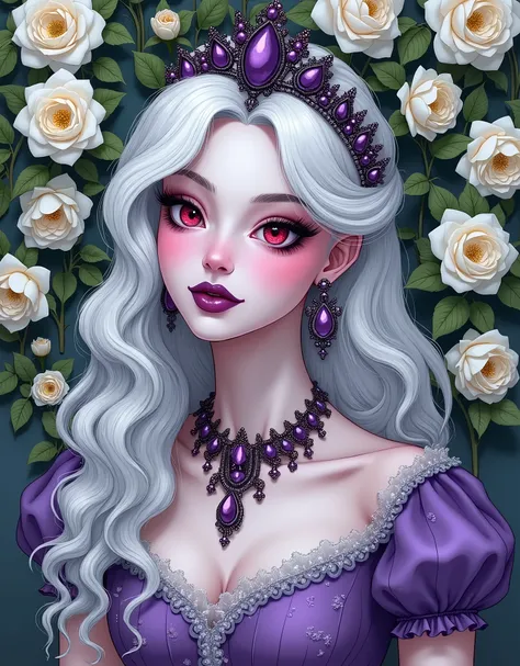 portrait, comic style, 1 beautiful young queen in gothic lavender violet color Victoria Era dress, pale skin, purple jewelry necklace, purple jewelry earrings, white long curly hair, elegant tiara, violet lipstick, red eyes, smirk, wall full of white rose ...