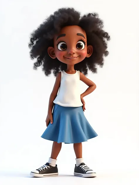 a  girl, dark skin, wearing a white sleeveless t-shirt, blue skirt and black sneakers with white socks. on a white background. 3D cartoon style.