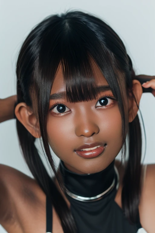 best quality, masterpiece, highres, (detailed:1.4), 1 girl, black hair, (((( dark skin:1.5 )))), extremally thin eyebrows , thick bluish eyeshadow, thick black eyeliner, Highlighted eyes with eyeliner, false eyelashes, (( arms up ))