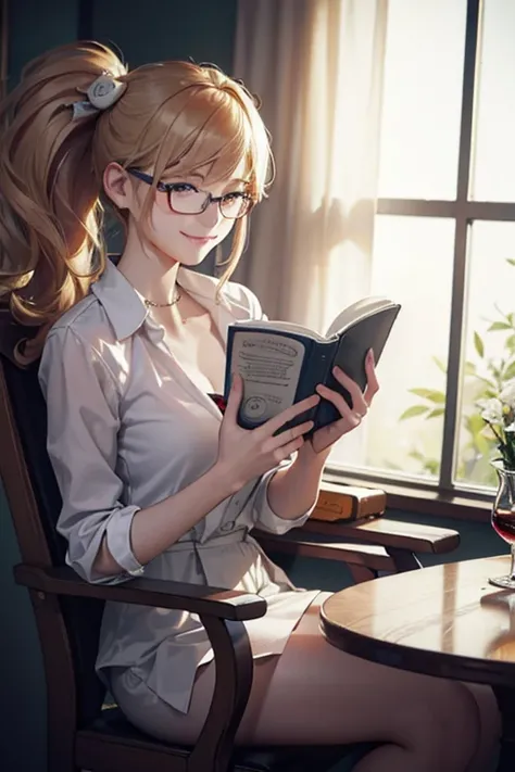 Best Quality、masterpiece、High sensitivity、High resolution、Detailed Description、Delicate facial depiction、Slender women、Glasses、Smiling face、Sitting on a chair、Reading、