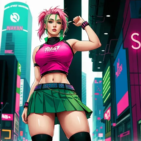 Woman, realistic character, green hair with pink locks, blue eyes, lifting skirt, alone, modern, cyberpunk