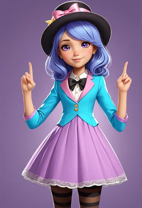 Make an anime style animation... Tiifa is a happy girl, very straight hair type 1A, in light blue color... long Bob haircut and purple eyes, wearing with a presenter air, but feminine version, with the purple blazer, white shirt and a pink bow tie, wearing...