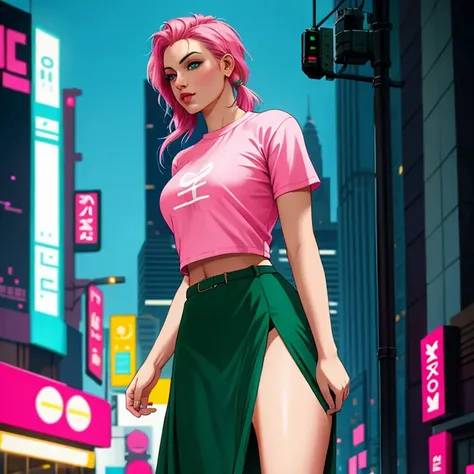 Woman, realistic character, green hair with pink locks, blue eyes, lifting skirt, alone, modern, cyberpunk