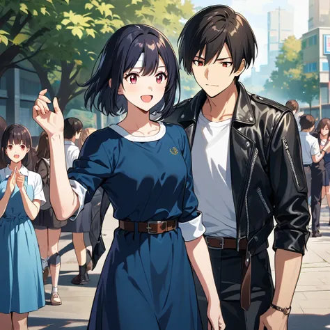 A store, short cut black hair, red eyes, a girl and a boy standing on the street together, both laughing, the other girl raising her hand from the front, trees, school, the boy is wearing ((black leather jacket with rolled up sleeves)), fingerless gloves, ...