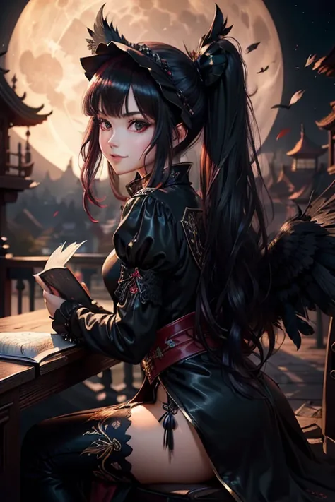 (((Fallen Angel))),(((Black Feather))))),grimoire,lightning,close range,up,Ancient City,Girl,cute,cute,beautiful,From the side,From waist to head,Focus on the face,Looking at the camera,Wide-angle shot,Sitting on a chair,Smiling face reading a book,Open yo...