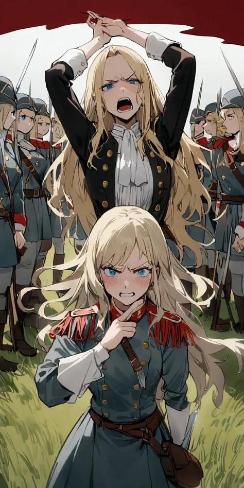 high resolution, Clear focus, Pixiv Masterpiece, ((Intricate details)), Very detailed, Denmark, 1 Girl, Blonde hair, (anger, White long knife, Arms raised in front,:1.1) anger, Blue Eyes, Female Soldiers, Long hair, 18th century military uniform, 18th cent...