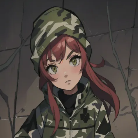 girl with  camouflage ski mask , with a camouflage jacket, camouflage balaclava,