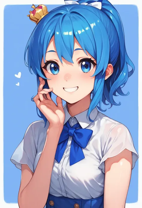 hoshimachi_suisei, blue hair ,1girl  ,7th_costume  ,smile , cute , ponytail, confident face , mini crown