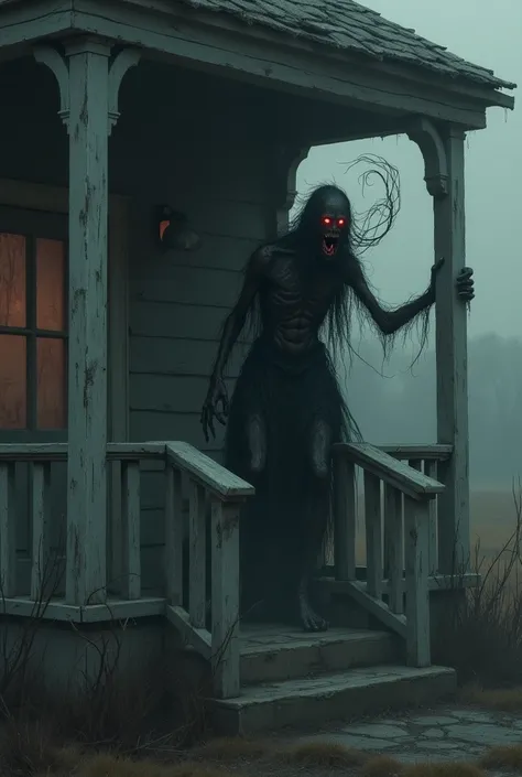 Image of evil spirit mulambos,in front of the house holding on to the railings and looking inside the house