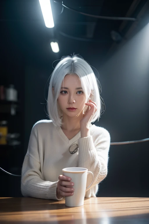 Dark background，Cables behind，White cable，There is a beam of light shining on my head，White hair，one，Holding an empty cup，Looking straight ahead，Realism，4K，