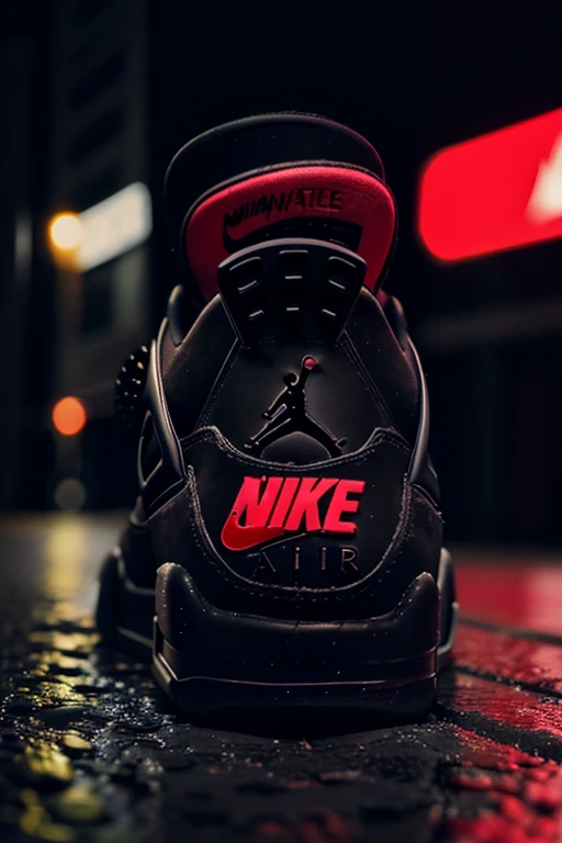 Nike Air Jordan 4 “Bred”: black suede sneakers with red accents, on a city street background at night, rain on asphalt reflects neon lights. Close-up of the outsole with distinctive texture.Highly detailed, crisp and well-drawn logo and lettering.Absolute ...