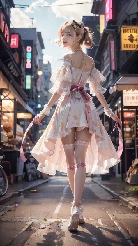 One Japanese person、Cute、slightly round face、Fair-skinned beautiful girl。Her hair is a platinum gold bob.。The outfit is a pink thin lace top.、Tops with floral patterns、Off-the-shoulder tops、The skirt is made of a lot of wine red thin lace.、A skirt with a s...