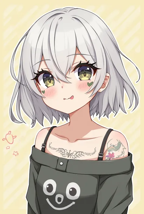 1girl，Big eyes，Long eyelashes，Short hair，Off-shoulder，White hair，Face stickers，cute，Color graffiti，Tattoo，Soft brushstrokes， Surrealism，（（Upper Body）），（（Above the waist））,