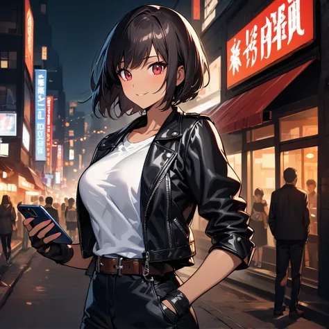 (one girl), (beautifully detailed red eyes, black hair, short hair, short cut, dark skin), (night town) facial details, slightly large breasts, (beautiful smile)), ((black leather jacket with rolled up sleeves)), fingerless gloves, white t-shirt, ((white h...