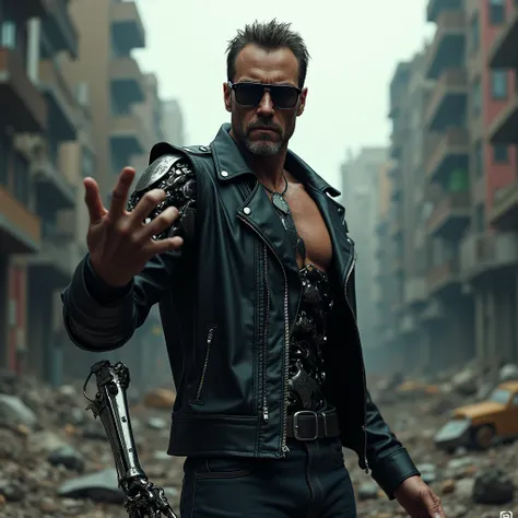 Terminator T-800, in a leather jacket, glasses on the eyes, left arm without skin with endoskeleton from elbow to wrist, holds a heavy grenade launcher, the right hand shows a gesture towards the viewer , makes a disparaging gesture with his fingers &quot;...