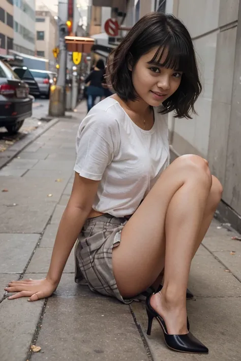 Sweet beautiful girl falling down on floor, a young beautiful sweet Indonesian girl, twenty two years old, slim body, georgeus sweet face, short curly hair with a bangs, about twenty years old, full backwards  due to slippery on crowded  sidewalk straddele...