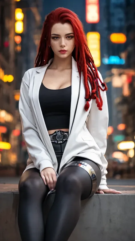 professional hyperrealistic  featuring a beautiful female cyberpunk cyborg with long ((dreadlocks red hair 1.2 )) in science fic...