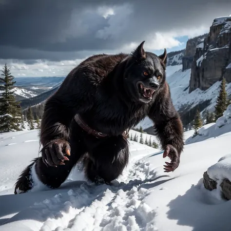 High in the snow-covered mountains, under a dark and stormy sky, Frankensteins monster trudges through the deep snow, fleeing from an angry mob. His massive, misshapen form is draped in tattered clothing, and his pale, scarred skin contrasts starkly agains...