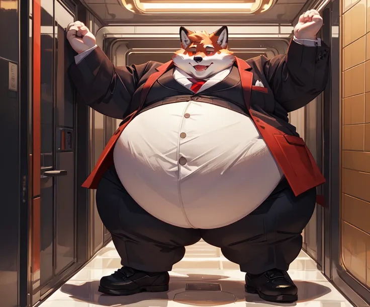 Very Extremely Morbidly-Obese Fox with Very Extremely massive Overhang hyper Belly, very extremely overweight, massive belly, chubby face, chubby legs, chubby butt, stuck inside elevator, scar on the face, wears shoes, wears business suit, red eyes 