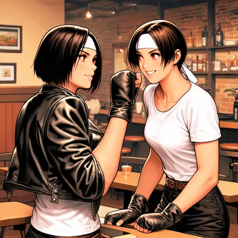 1, beautiful woman, black hair, younger sister, red eyes, short bob, she is wearing ((black leather jacket with rolled up sleeves)), fingerless gloves, white T-shirt, ((white headband)), black long pants, white shoes, brown belt, laughing on speaker, high ...