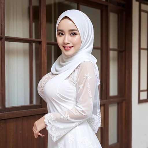 28-Years-Old,Female Store owner, Beautiful hijab Indonesian Woman, Wearing very tight Gamis, lace fabric, very thin fabric, white Skin Like Porcelain, pale white skin, Realistic Ultra Gigantic Breast : 36.9,realistic wrinkels body, realistic Curvy body, PP...