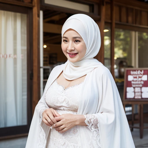 78-Years-Old,Female Store owner, Beautiful hijab Indonesian Woman, Wearing very tight Gamis, lace fabric, white Skin Like Porcelain, pale white skin, Realistic Ultra Gigantic Breast : 36.9,realistic wrinkels body, realistic Curvy body, PP cup Breast, Seduc...