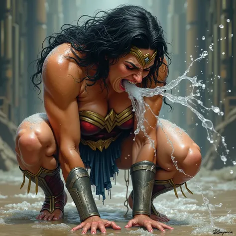 (sweaty)(muscular)A very sweaty muscular Wonder Woman getting punched heavily in the gut and vomiting. Shes double over and coughing and vomiting heavily, She spits out lot of visible saliva, water, sweat repeatedly. Lot and Lot of water, saliva, sweat con...