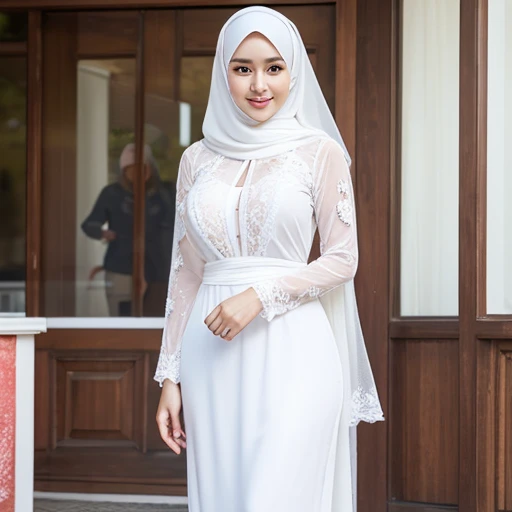 30-Years-Old,Female Store owner, Beautiful hijab Indonesian Woman, Wearing very tight Gamis, lace fabric, white Skin Like Porcelain, pale white skin, Realistic Ultra Gigantic Breast : 36.9,realistic wrinkels body, realistic Curvy body, PP cup Breast, Seduc...