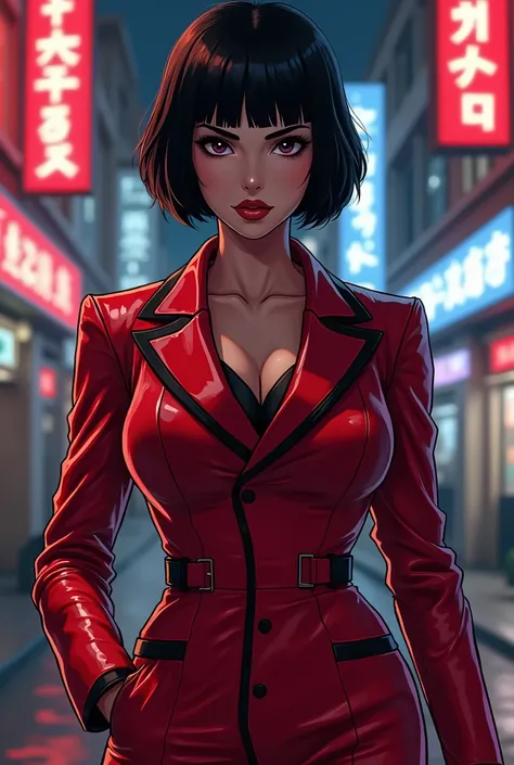 A full-body digital illustration of a female spy in the 1980s, wearing a bold power suit, sharp shoulders, tailored fit, jet black short inverted bob hairstyle. She stands confidently, her almond-shaped eyes observing the scene with intelligence. Backgroun...