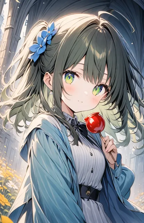 (masterpiece:1.2),(anime),、girl、cute、Green black hair、Long Ponytail、Hair accessories、浴衣を着たgirl、((holding a candy apple in one hand)),Nightclub、Festival、Summer Night、Light Generation、Beautiful artwork、Detailed view、Scenes of youth、Fisheye Lens、close、Cat ear...