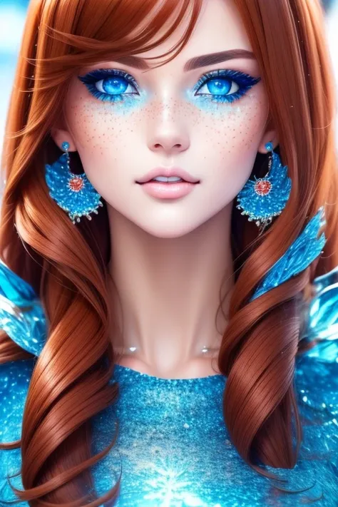 best quality, 32k, RAW photo, incredibly absurd, extremely detailed, beautiful girl, blue eyes, redhead, freckles on face, piercing eyes, reflection, focus on face