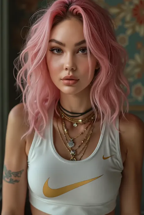 (8k, RAW photo, best quality, masterpiece:1.2), (realistic, photo-realistic:1.4), (extremely detailed CG unity 8k wallpaper), selfie of a sexy woman ,  medium wavy pink hair ,lot of jewelry , light green eyes , 30 yo, Nike sportswear top, face focus, skin ...