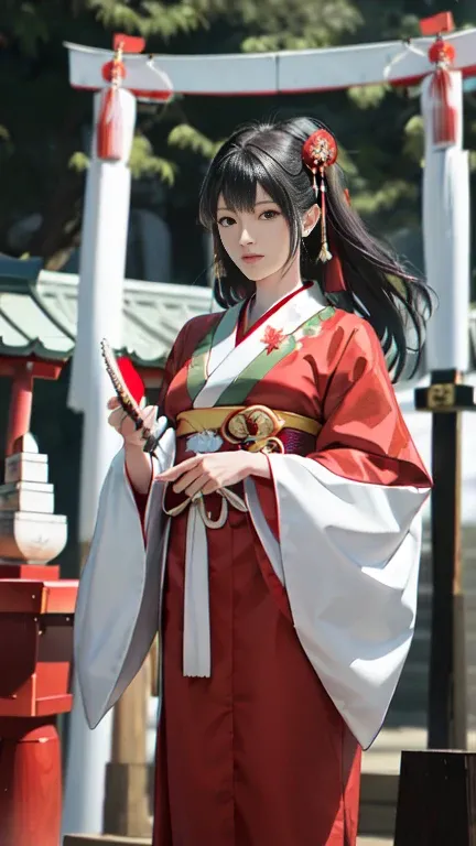 /(Kagura Stage/), Only one female, Mature Woman,  /(The model is Yuuka Sawachi/), /(A gorgeous shrine maiden, Ceremonial sword in right hand, Shrine Maiden&#39;s Crown/), Long black hair parted in the middle, Long face and droopy eyes, /(Arched eyebrows wi...