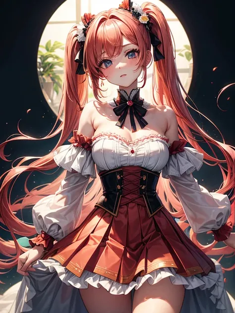 highest quality, ultra high resolution, super detailed, gorgeous, masterpiece, best quality, high resolution finely detailed, extremely beautiful, distinct image, flowing peach-red hair with twin-tails  and white highlights, frilly off-shoulder blouse, ple...