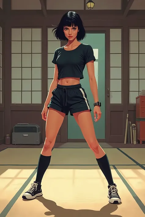 A full-body digital illustration of a female spy in the 1980s, wearing a simple T-shirt, shorts, and leg warmers, jet black short inverted bob hairstyle. She is standing in a dojo, ready to spar, with a confident and focused stance. Background: traditional...