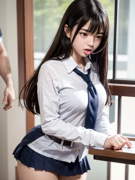 innocent beautiful schoolgirl in lewd school uniform screams with her mouth open in shame:1.2, a female student who has been str...