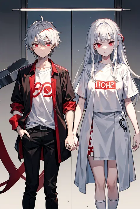 The younger sister and older brother. The younger sister is , has long white hair, red eyes, a frowning face, and wears a school uniform. The older brother is 20 years old, has short gray hair, red eyes, a smiling face, and wears casual clothes.