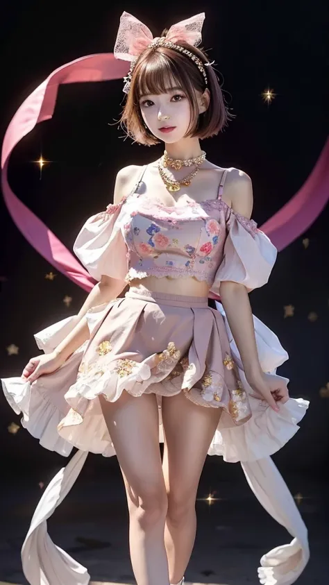 One Japanese person、Cute、slightly round face、Fair-skinned beautiful girl。Her hair is a platinum gold bob.。The outfit is a pink thin lace top.、Tops with floral patterns、Off-the-shoulder tops、The skirt is made of a lot of wine red thin lace.、A skirt with a s...